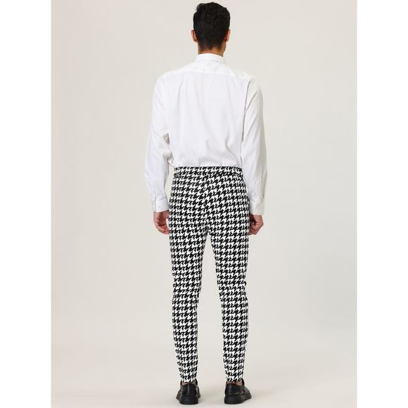 Houndstooth Printed Color Block Flat Front Slim Fit Dress Pants Black White - Picture 5 of 6